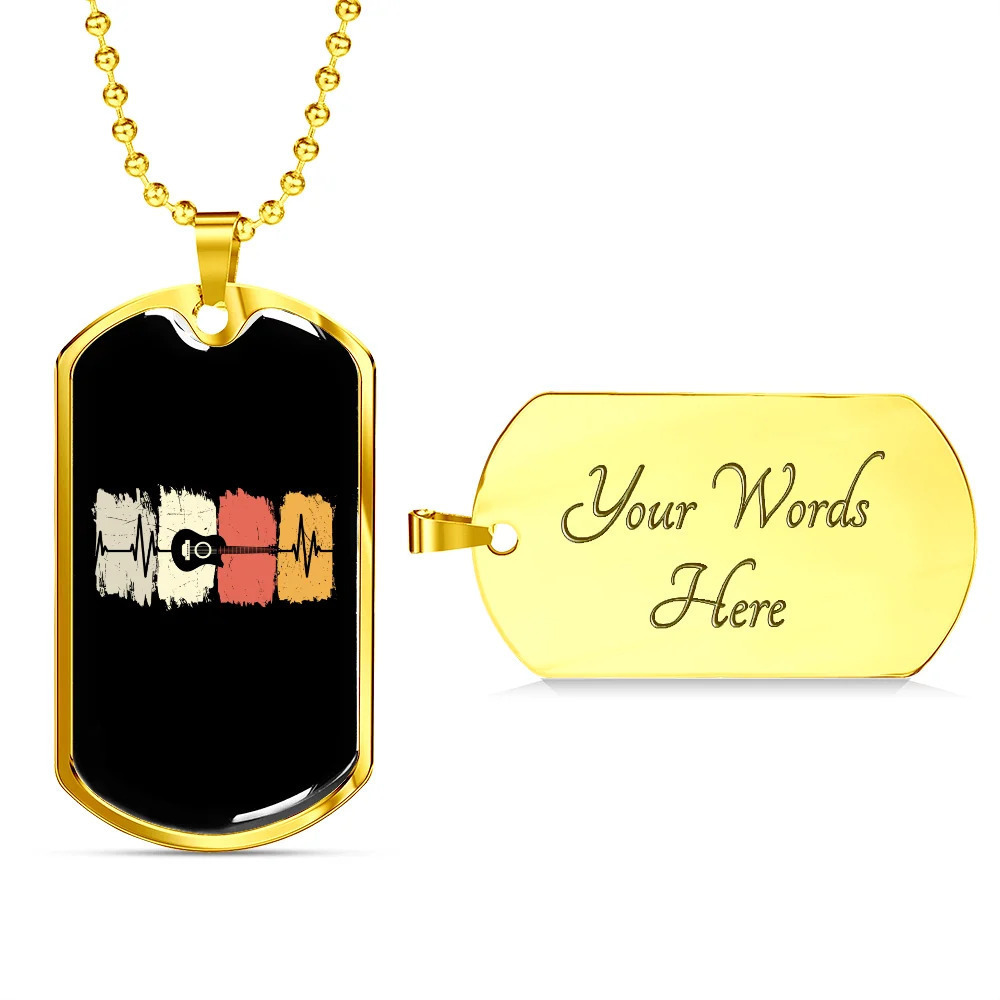 Musician Necklace Guitar Heartbeat Personalized Engraved Gold Dog Tag Necklace